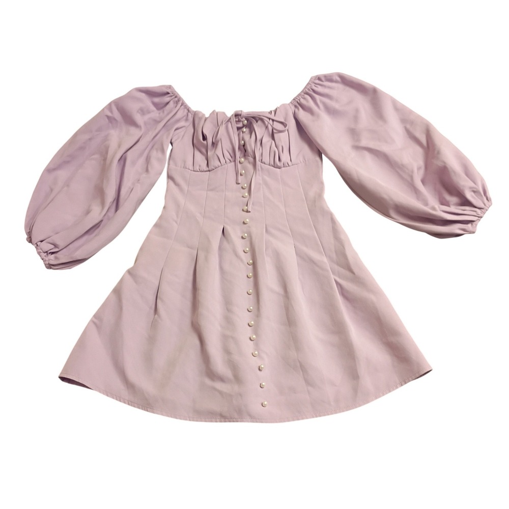 Missguided Mini Dress Womens 0 Lilac Milkmaid Puff Sleeve Pearl Cottagecore